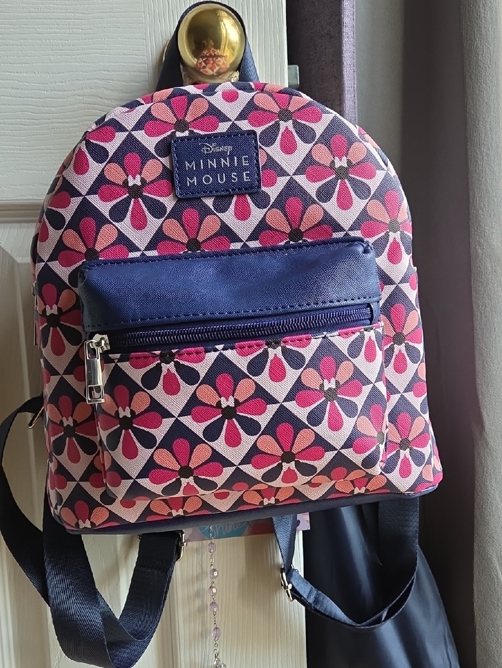 Disney Minnie Mouse Pink Floral Mini Backpack with Navy Accents